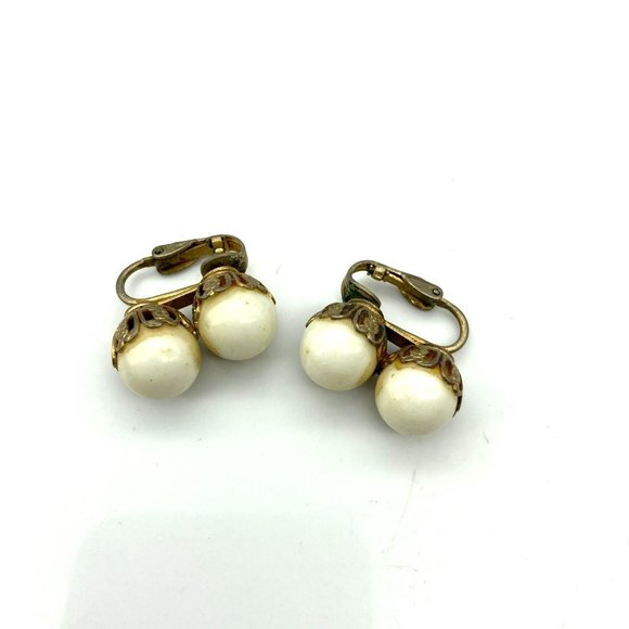 Minimalist Vintage Double Drop Earrings, Basic White Plastic Beads in Gold Tone - Picture 4 of 5